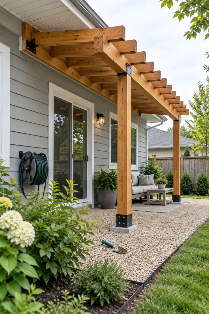 Pergola attached under a house roof overhang with shallow rafters over a gravel pad