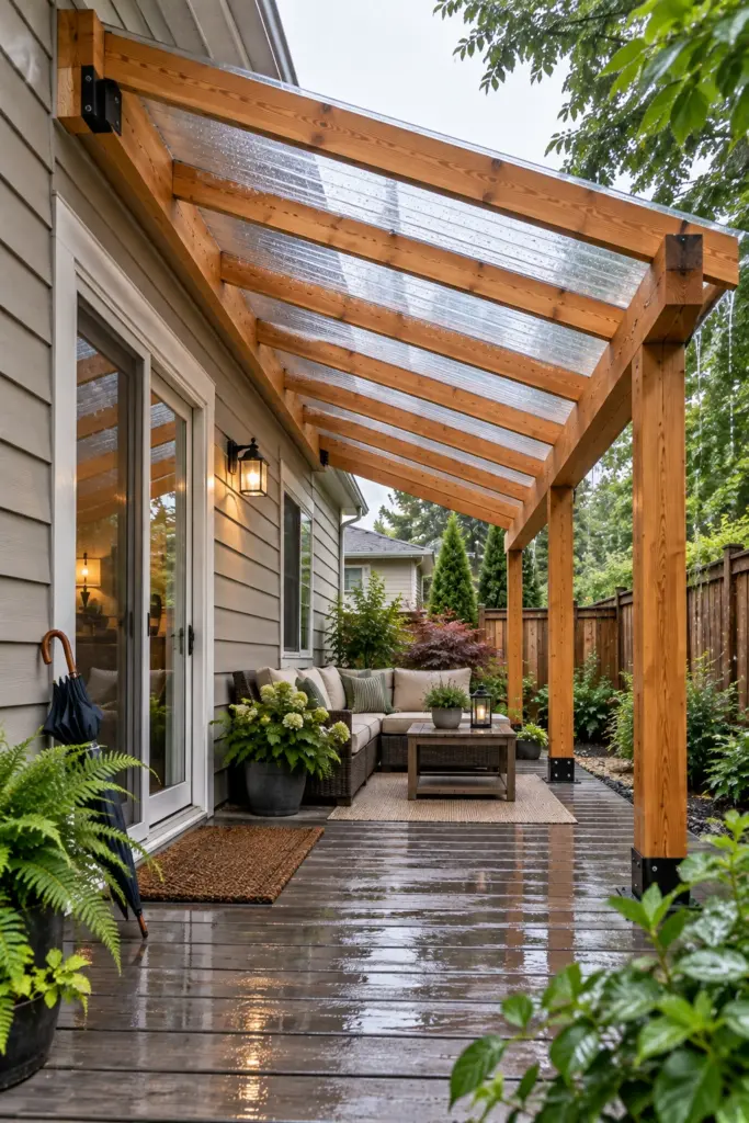 Sloped pergola attached to a house with clear panels shedding rainwater over a patio