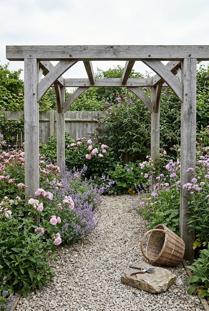 Rustic reclaimed timber pergola over crushed stone in a small cottage garden