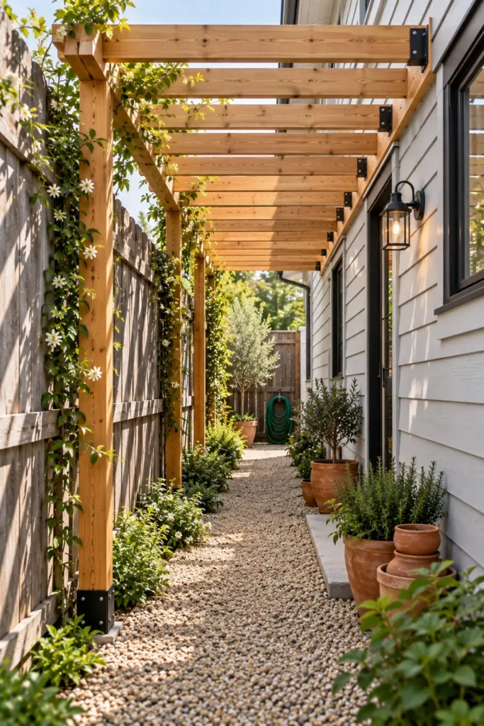 Wall-mounted pergola over a narrow gravel side-yard path between house and fence