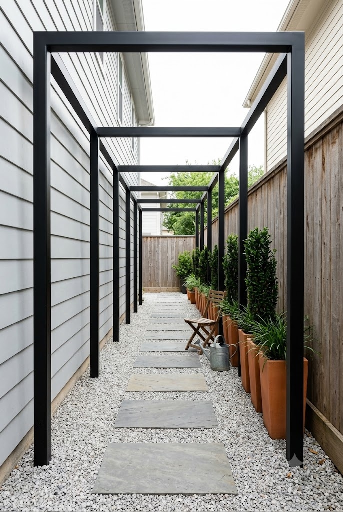 Slim black steel pergola over a narrow side yard walkway with gravel and planters