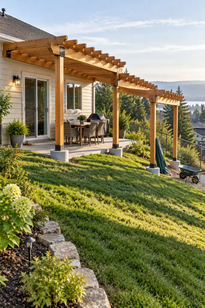 Stepped pergola attached to a house on a sloping yard with posts of different heights