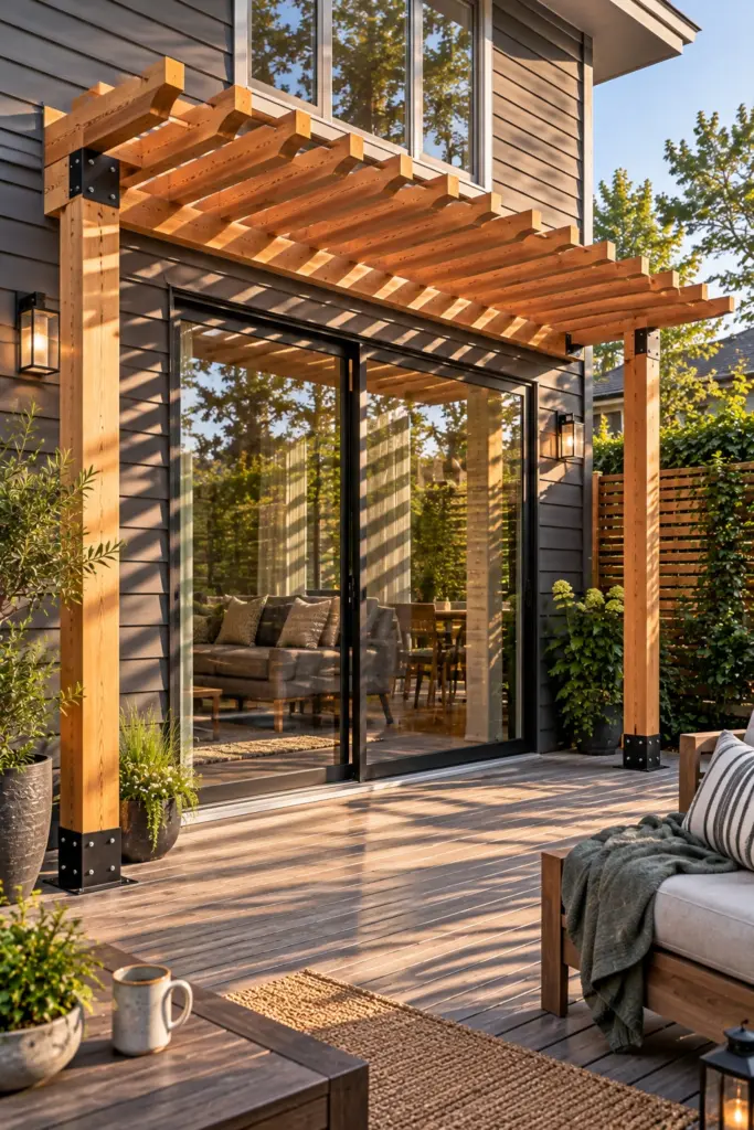 Pergola beam on steel wall brackets fixed to cream stucco above a flagstone patio