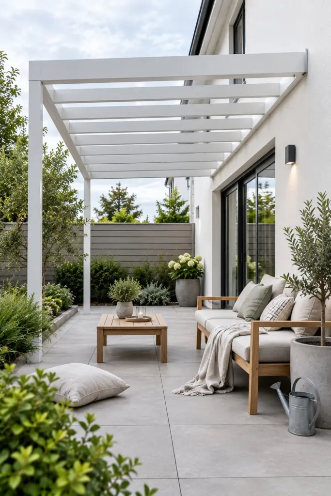 Timber pergola wall-mounted under an upstairs window seen from above showing rafter pattern