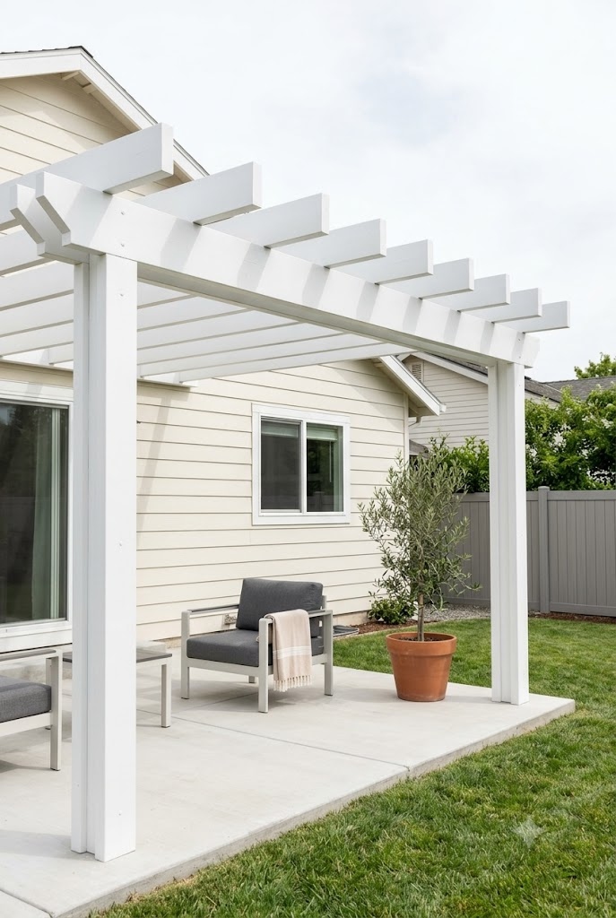 Modern white flat roof pergola with widely spaced rafters against a light house wall