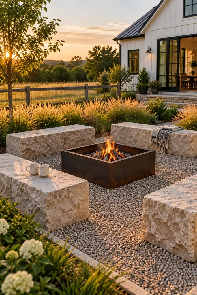 Rectangular armour stone blocks used as bench seats around a square steel fire pit