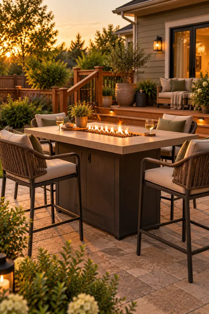 Counter-height fire table with four bar stools on a patio