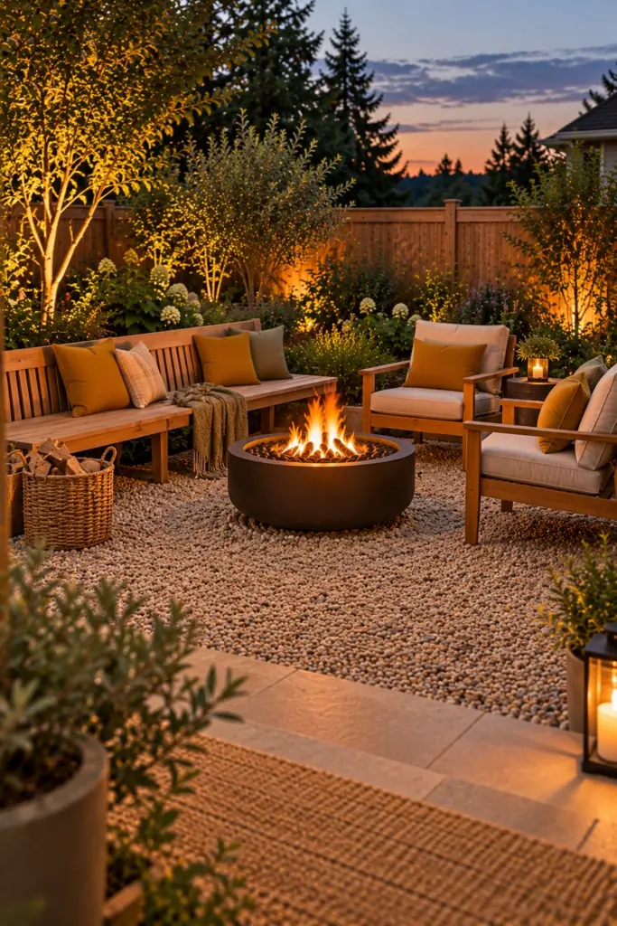 Long bench and two chairs forming an L around a fire pit