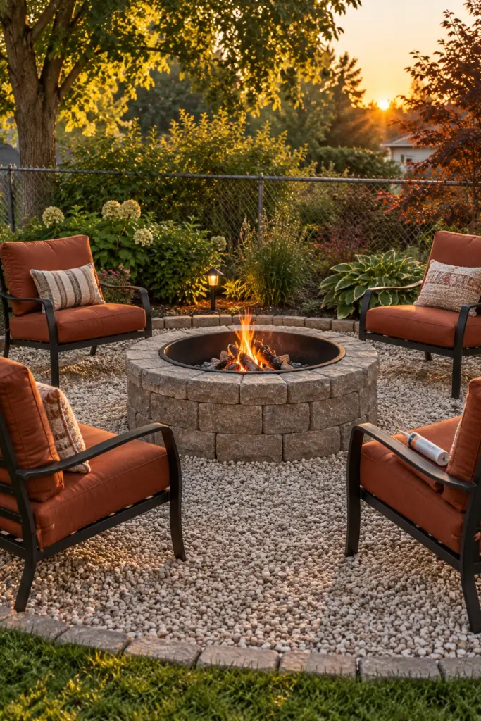 Stone-look block fire pit kit with a steel liner on a gravel pad with cushioned chairs