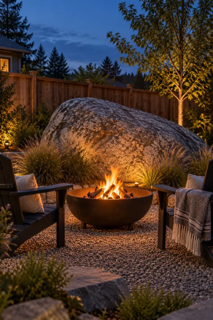 Large boulder set behind a small steel fire pit with grasses around its base