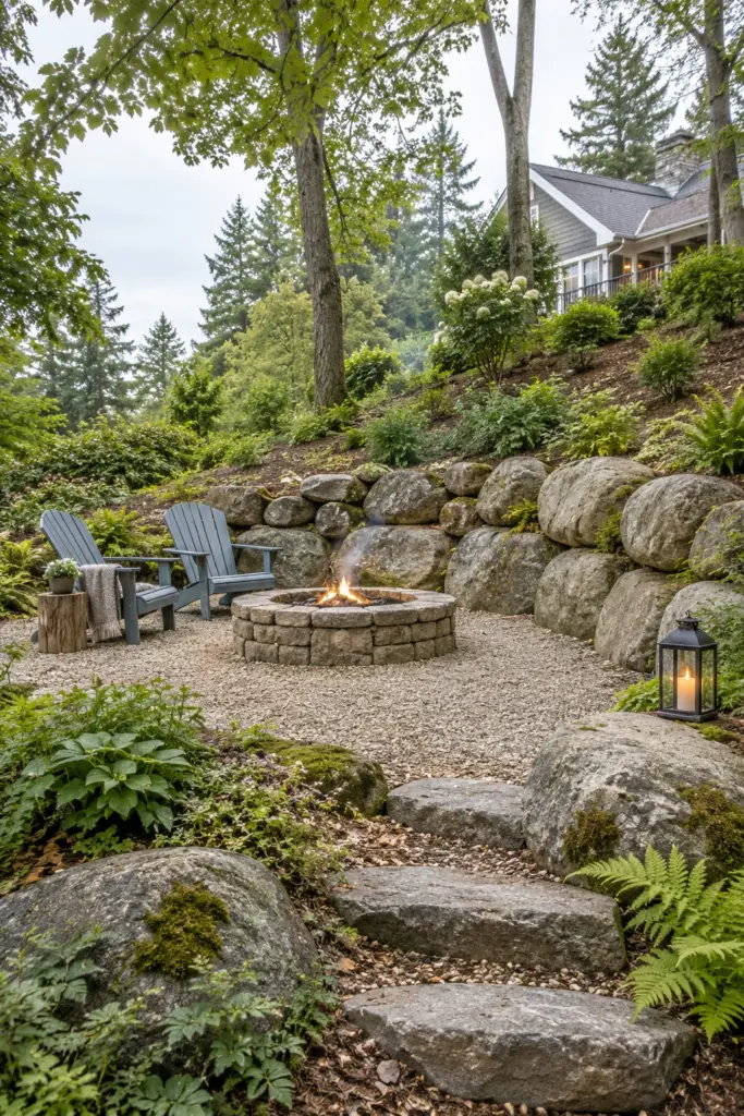 Boulder retaining wall on a slope forming the back of a fire pit area on a gravel pad