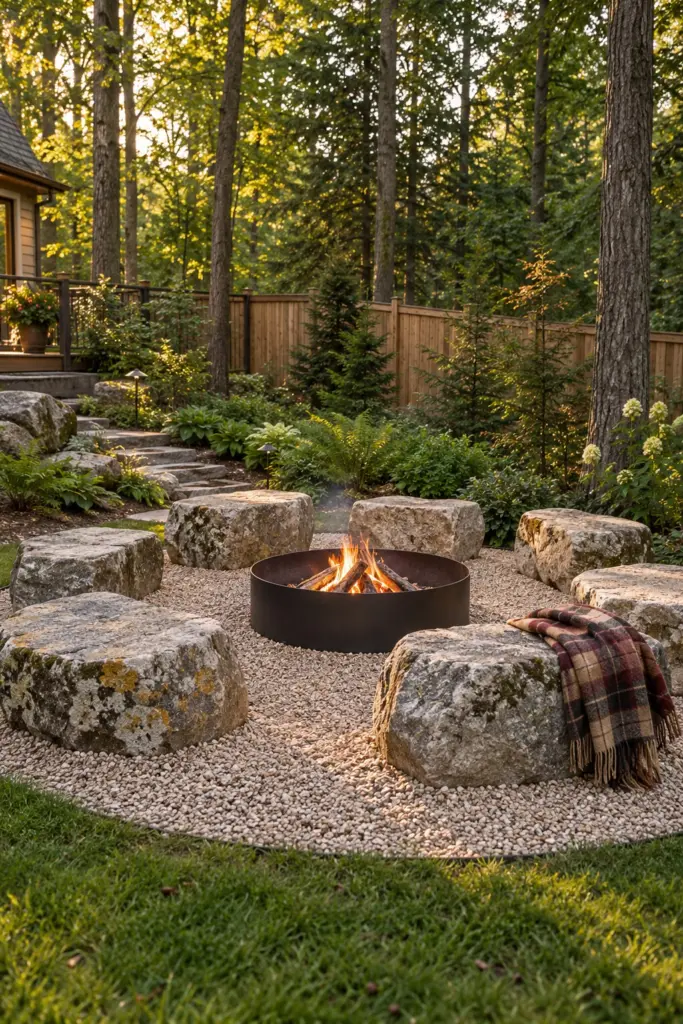Flat-topped boulders set in gravel as seating around a steel fire ring