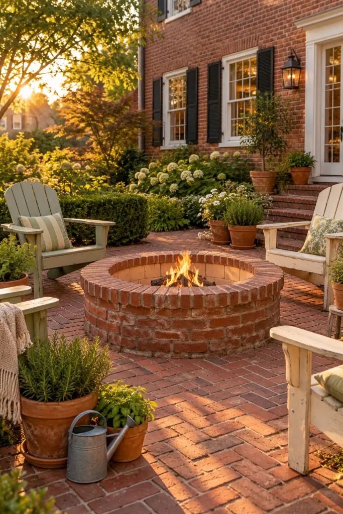 Round brick fire pit with fire brick lining on a herringbone brick patio