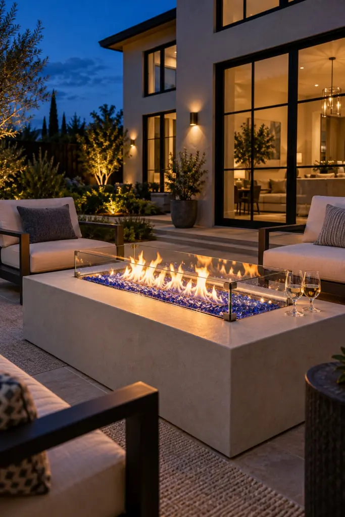 Built-in gas fire pit with a glass wind guard and blue fire glass beside lounge chairs