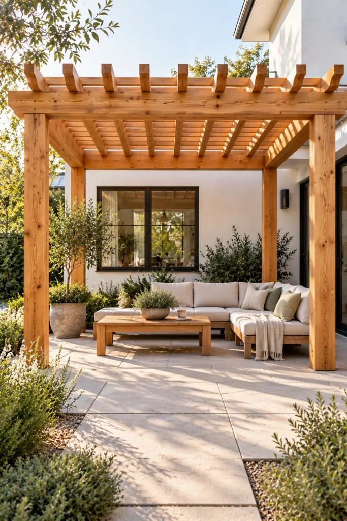 Clear-finished cedar pergola with hidden fasteners beside a white stucco wall on pale pavers
