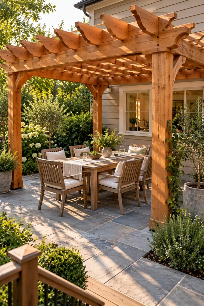 Cedar pergola with curved rafter tails shading an outdoor teak dining table on flagstone