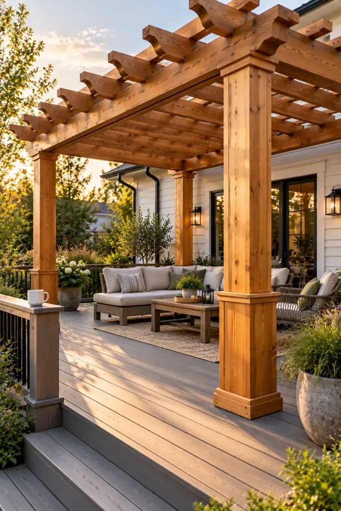 Pergola posts wrapped in honey-stained cedar sleeves with trim collars on a gray composite deck