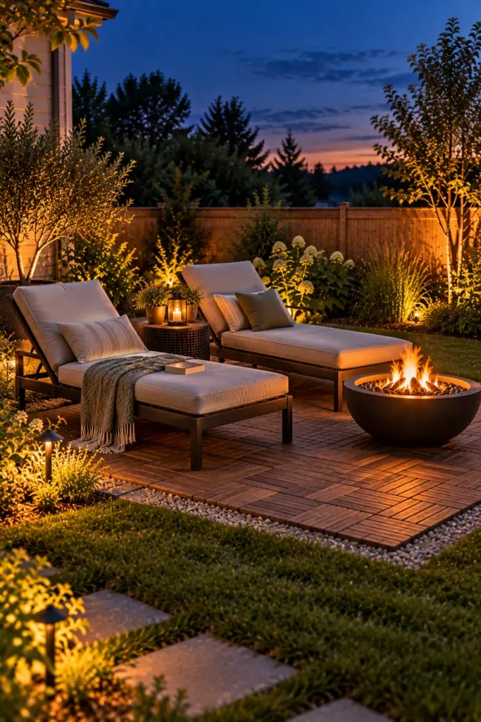 Two chaise lounges angled toward a small fire bowl at dusk
