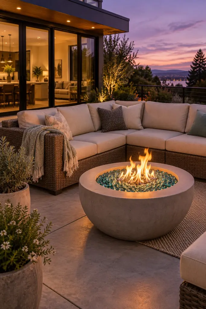 Concrete-look propane fire bowl with fire glass next to an outdoor sectional at dusk