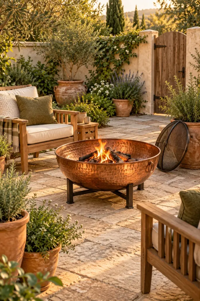 Hammered copper fire bowl on a stand on a stone patio with teak chairs