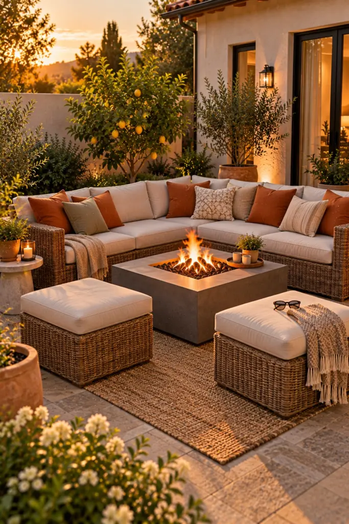 Outdoor corner sofa and two ottomans around a square gas fire table