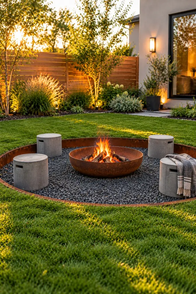 Corten steel edged shallow sunken fire pit with a rusted fire bowl and concrete stools