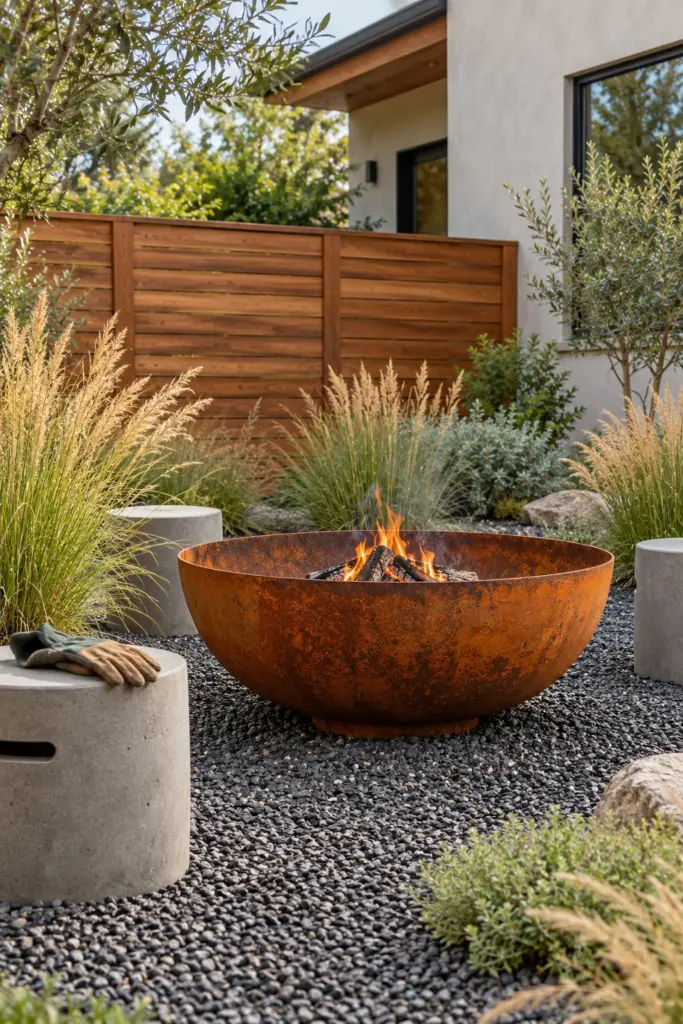 Rusted corten fire bowl in a dark gravel garden with concrete stools and grasses