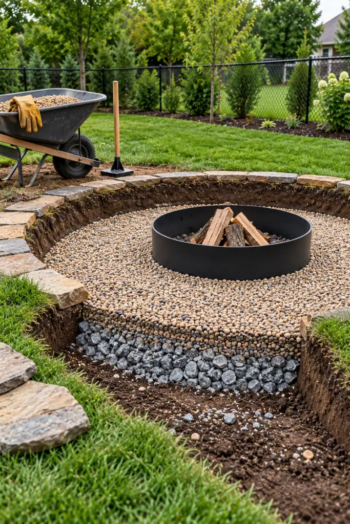 Sunken fire pit dish with a crushed stone drainage base under pea gravel