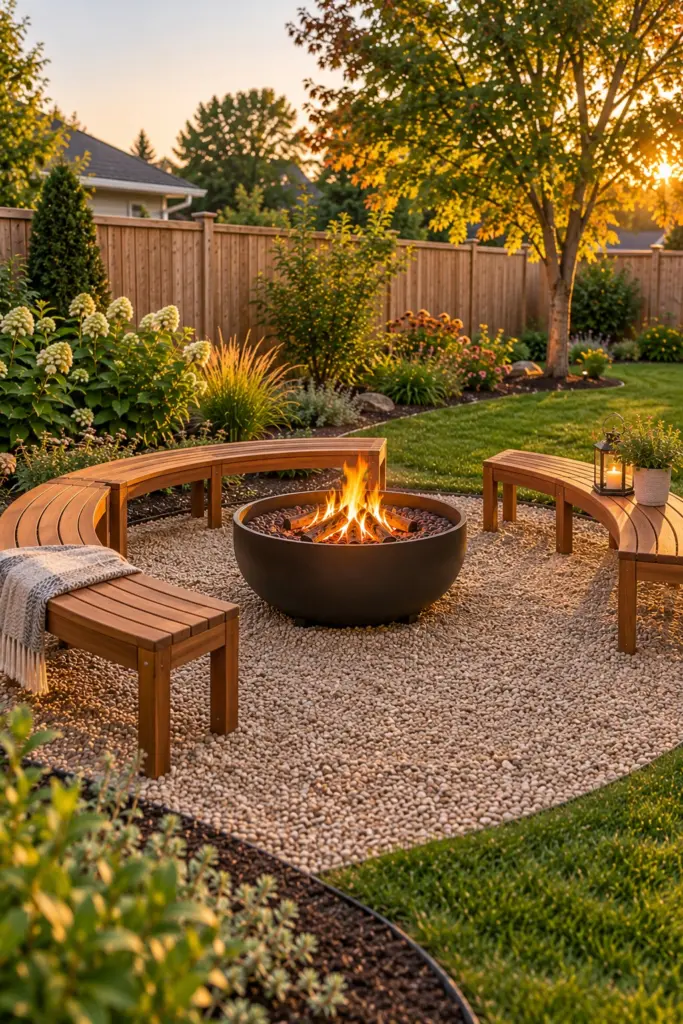 Three curved acacia benches wrapping half a circle around a round fire pit