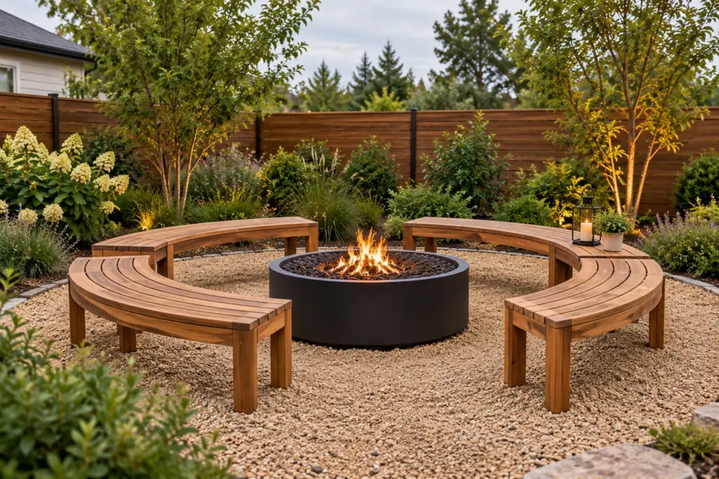 Four curved acacia benches forming a ring around a round fire pit