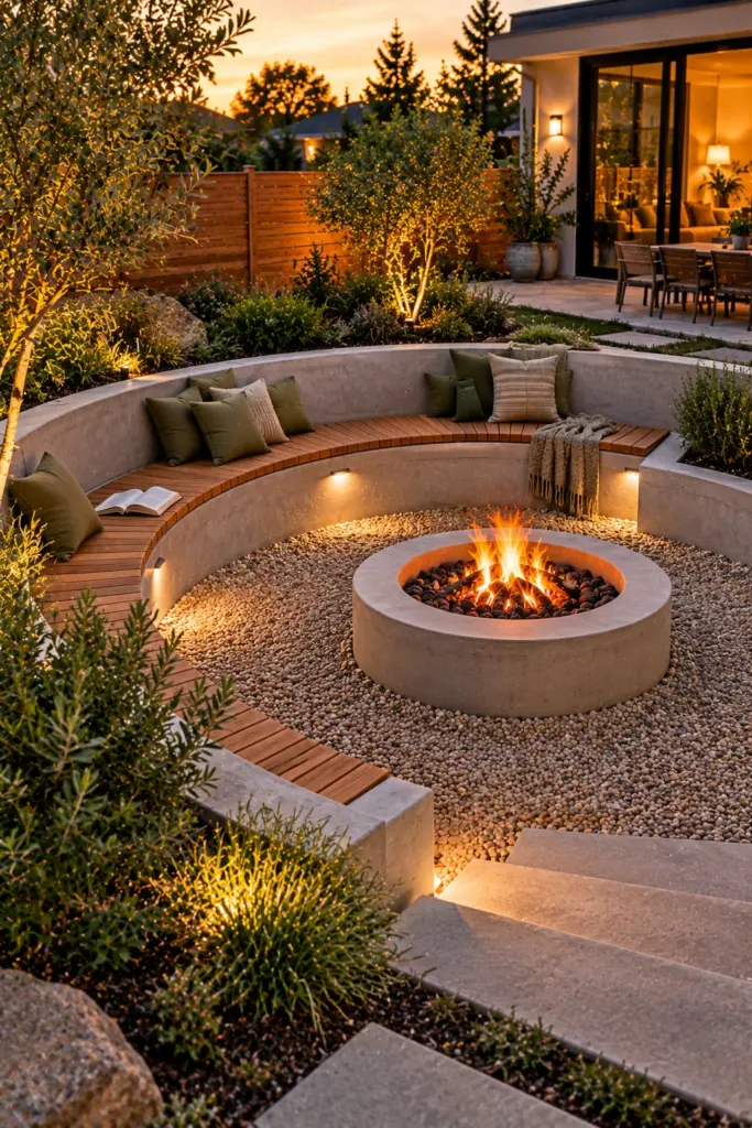 Curved concrete bench lining a sunken fire pit with teak seat toppers and olive cushions