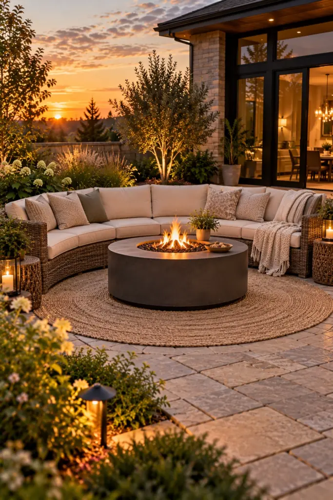 Curved outdoor sofa arcing around a round gas fire table