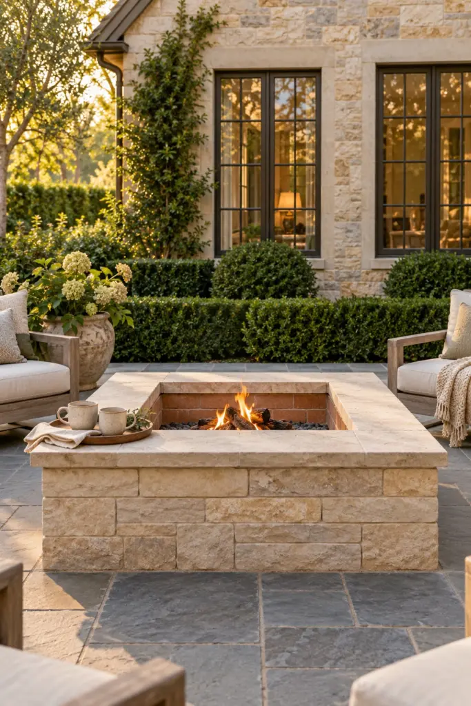 Square cut limestone fire pit with neat mortar joints and caps in a bluestone patio