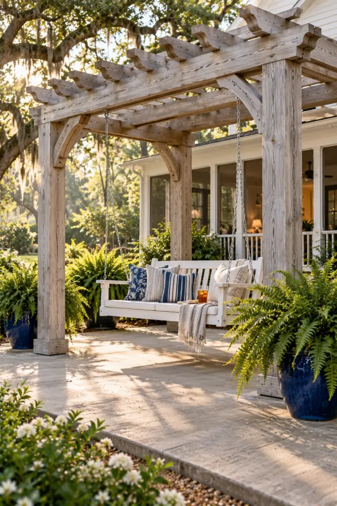 Weathered gray cypress pergola with a white porch swing and ferns on a Southern concrete patio
