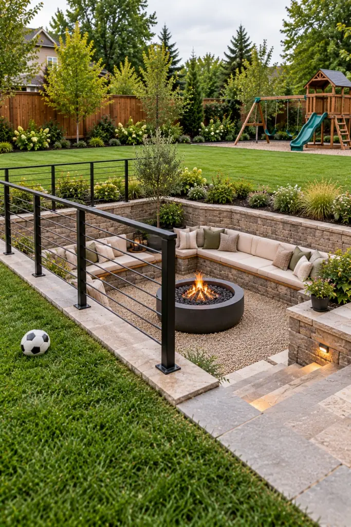 Deep sunken fire pit with a black steel railing along the high side of the lawn edge