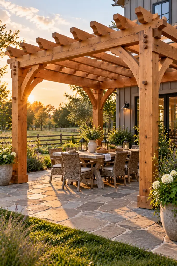 Douglas fir timber-frame pergola with pegged joints and knee braces over a flagstone dining patio