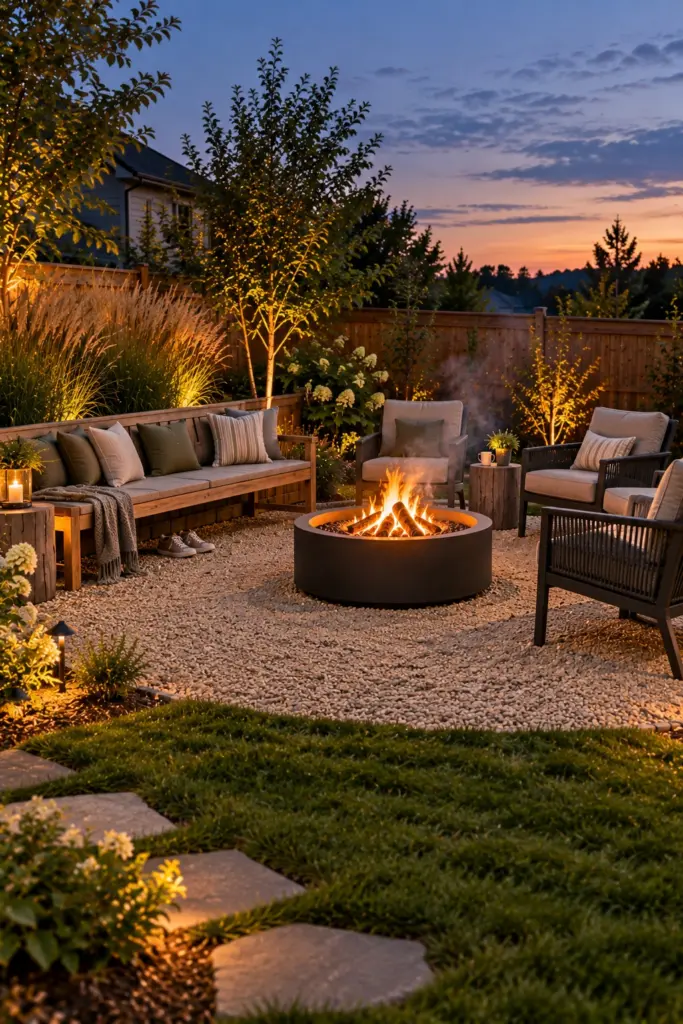 Bench and three chairs around a fire pit leaving the downwind side open