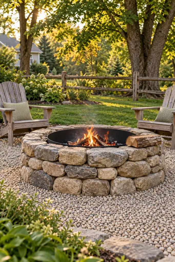 Dry-stacked fieldstone fire pit ring around a steel liner with two Adirondack chairs