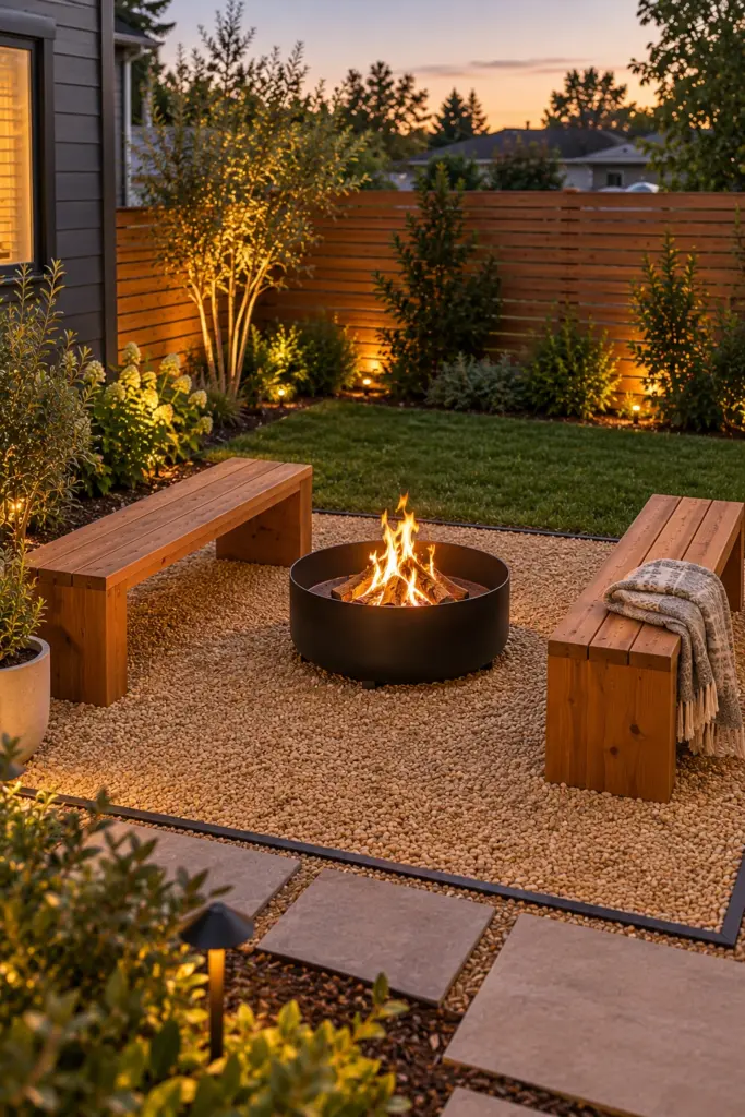 Two cedar benches facing each other across a small round fire pit