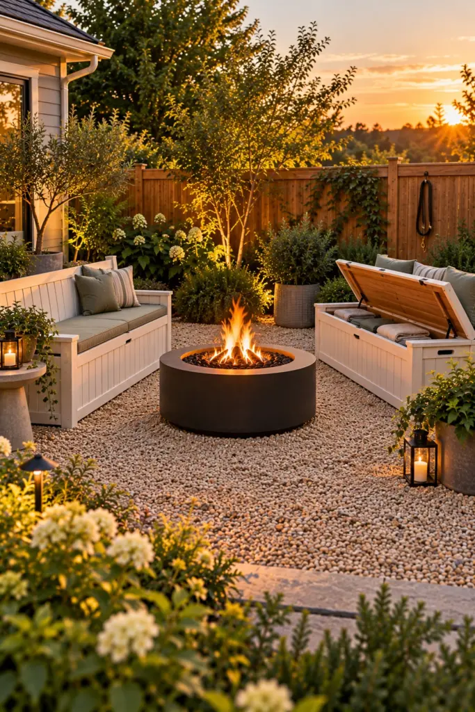 Two storage benches facing across a fire pit with one lid open