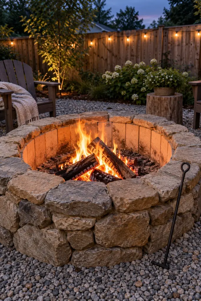 Fieldstone fire pit with a pale fire brick lining laid on edge inside the stone wall