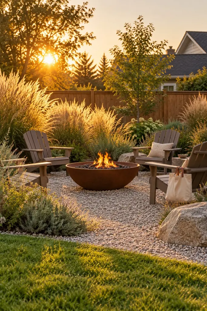 Fire pit area with tall ornamental grasses in gravel beds and accent boulders