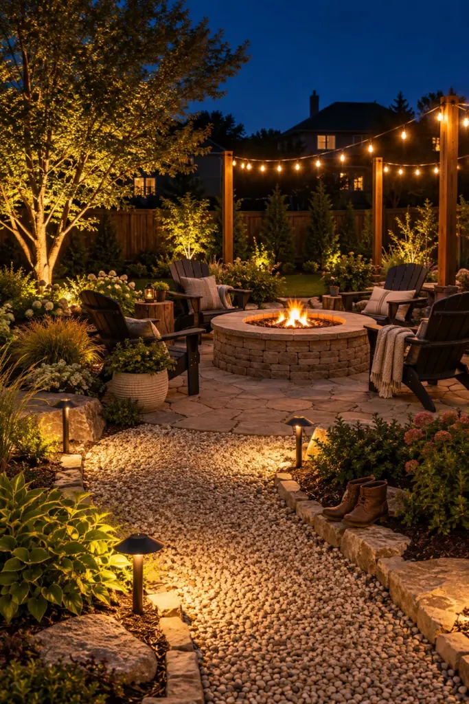 Fire pit area at night with path lights, an uplit tree and string lights overhead