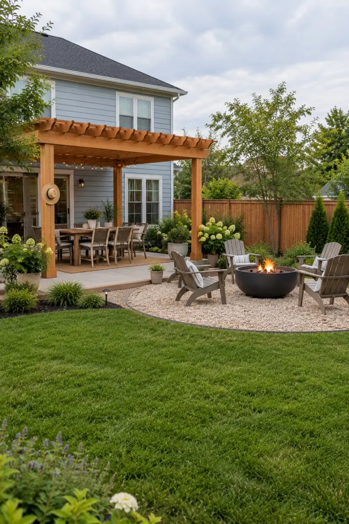 Fire pit on a gravel pad out in the open beside a small cedar pergola