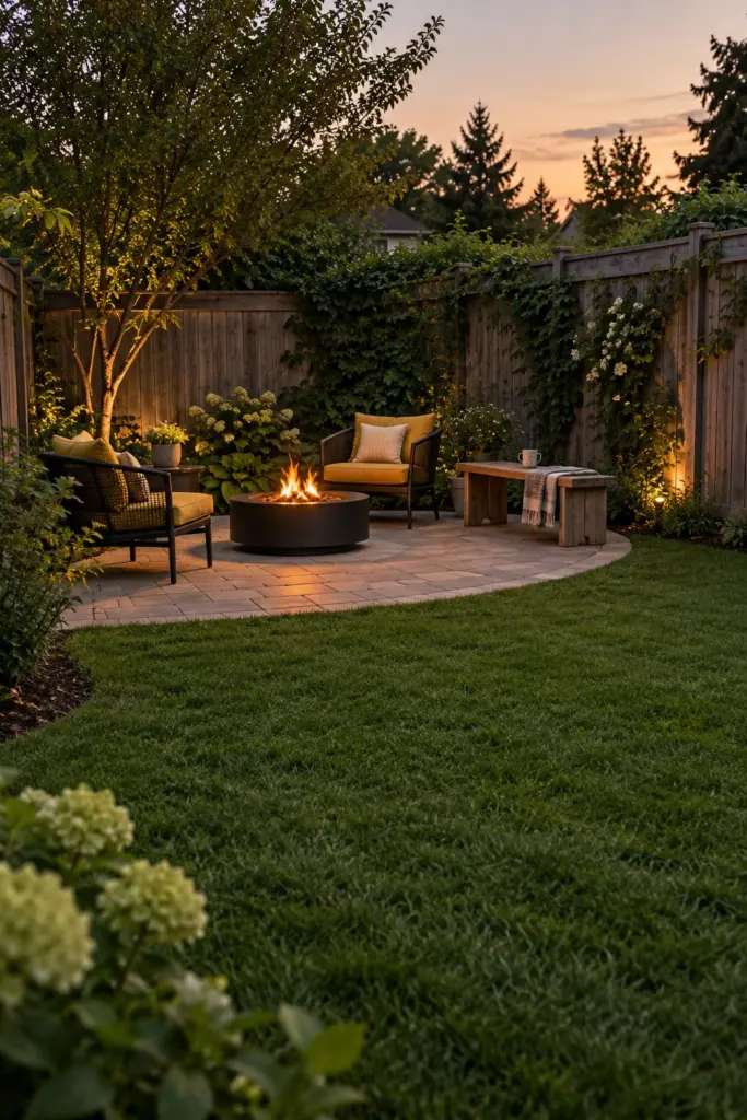 Small round fire pit in the paved corner of a fenced backyard with two chairs and a bench