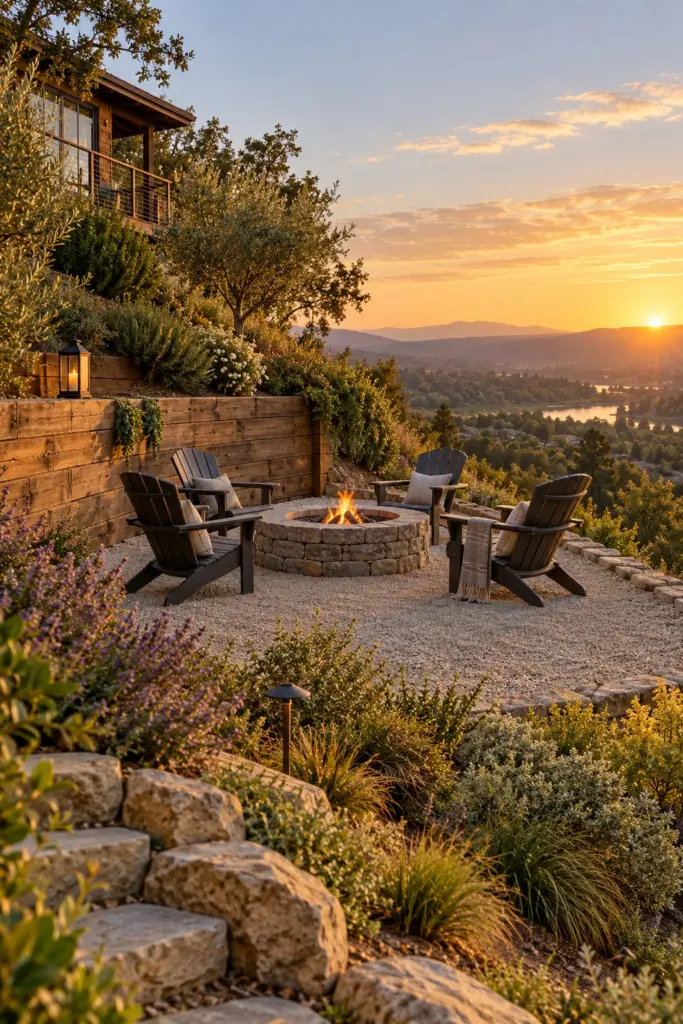 Stone fire pit on a level gravel terrace held by a timber retaining wall on a hillside