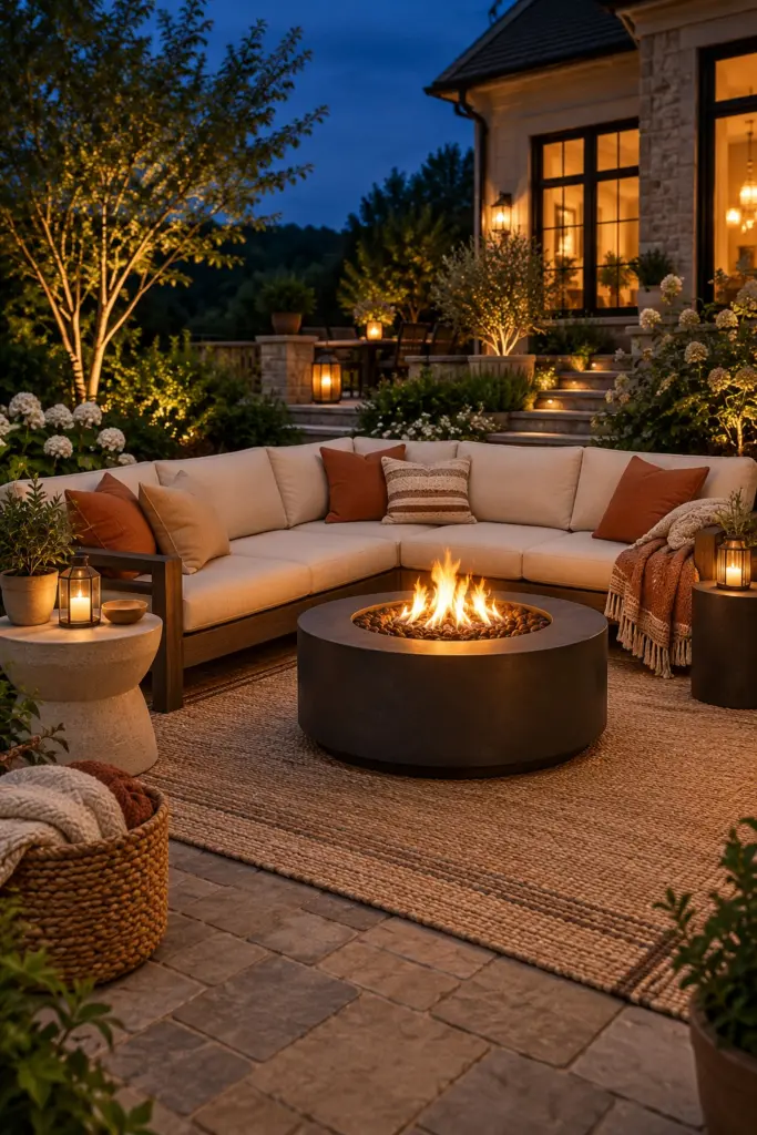 Fire pit lounge with a sectional, outdoor rug and gas fire table on a paver patio at dusk