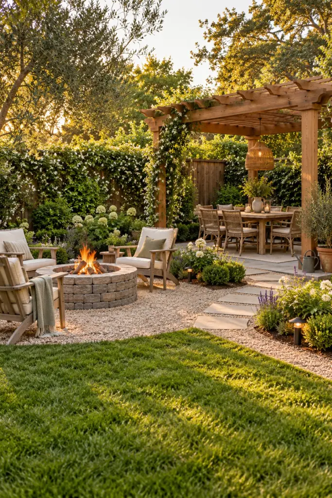Stone fire pit in the open a few steps from a cedar pergola over a dining table