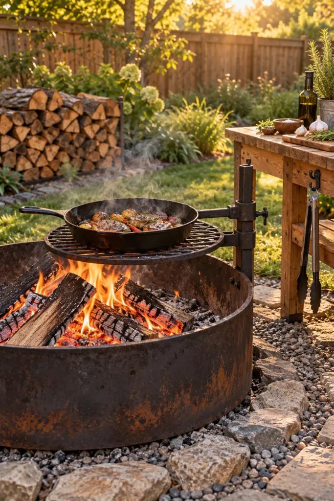 Steel fire ring with a swing-out grate holding a cast iron pan over the fire