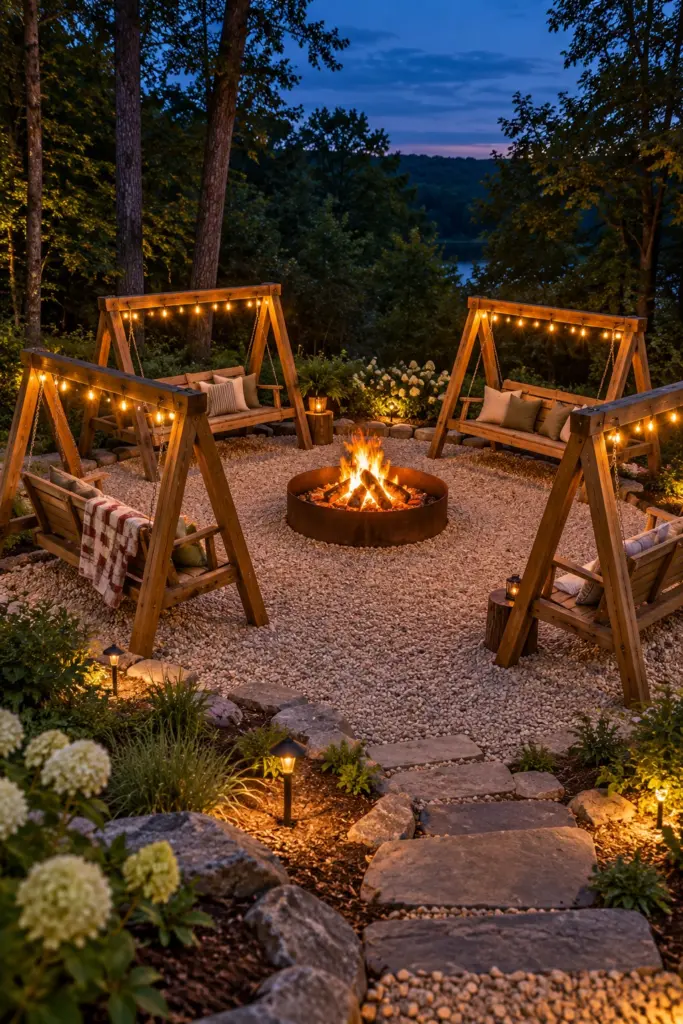 Wooden bench swings on A-frames around an in-ground fire ring with string lights at dusk